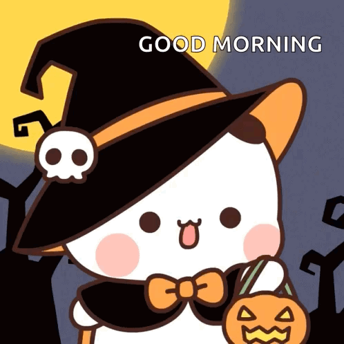 A Cartoon Cat Is Wearing A Witch Hat And Holding A Pumpkin GIF