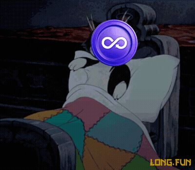 A Cartoon Cat Laying In Bed With A Purple Coin With An Infinity Sign On It GIF