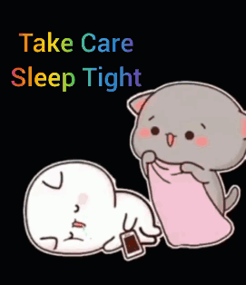 A Cartoon Cat Laying Next To Another Cat With The Words " Take Care Sleep Tight " On The Bottom GIF