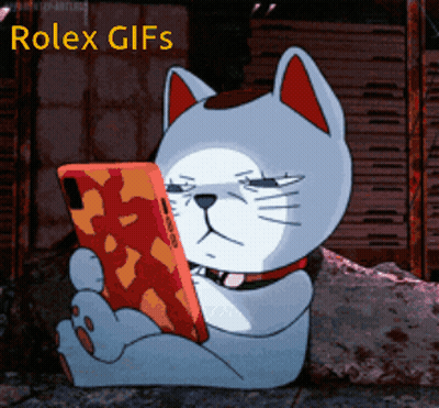 A Cartoon Cat Looking At A Cell Phone With The Words Rolex Gifs Above It GIF