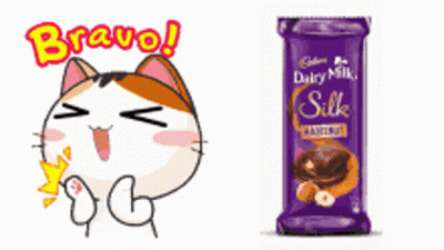 A Cartoon Cat Next To A Bar Of Cadbury Dairy Milk Silk Hazelnut GIF