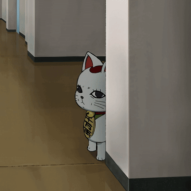 A Cartoon Cat Peeking Out From Behind A Wall With Chinese Characters On It GIF