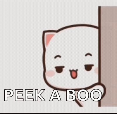 A Cartoon Cat Peeking Out From Behind A Wall With The Words `` Peek A Boo '' Written On It . GIF