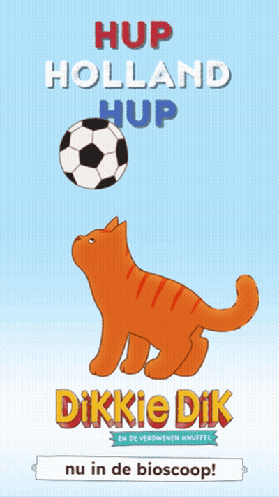 A Cartoon Cat Playing With A Soccer Ball On Its Head With The Words Hup Holland Hup Dikkie Dik Nu In De Bioscoop GIF