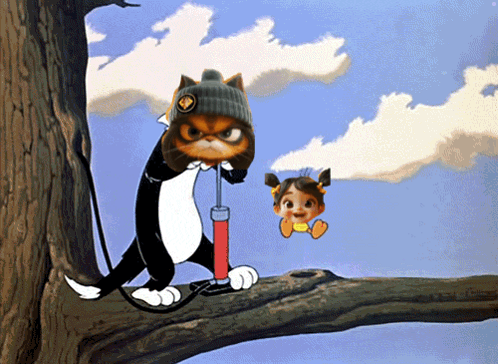 A Cartoon Cat Pumping A Little Girl 'S Balloon On A Tree Branch GIF