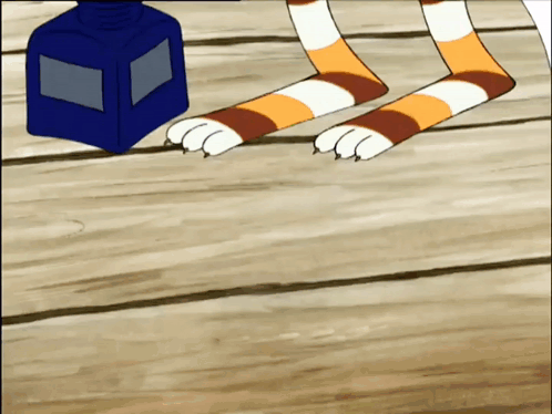 A Cartoon Cat 'S Paws Are Standing Next To A Blue Container GIF