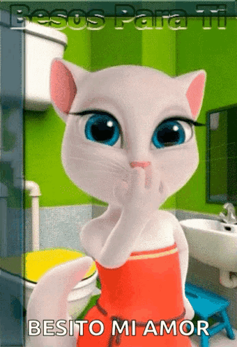 A Cartoon Cat Says " Besos Para Ti " While Holding Her Finger To Her Lips GIF