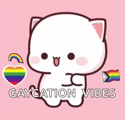 A Cartoon Cat Says Gaycation Vibes In Front Of A Rainbow Heart GIF