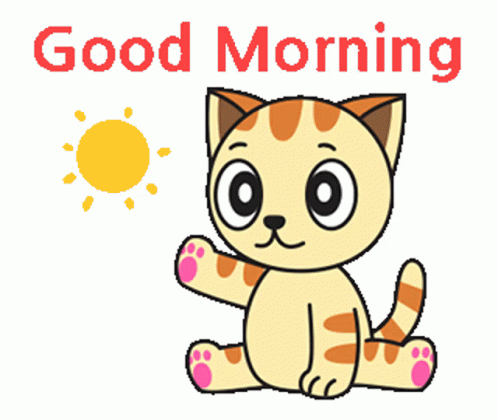 A Cartoon Cat Says Good Morning With The Sun Behind Him GIF