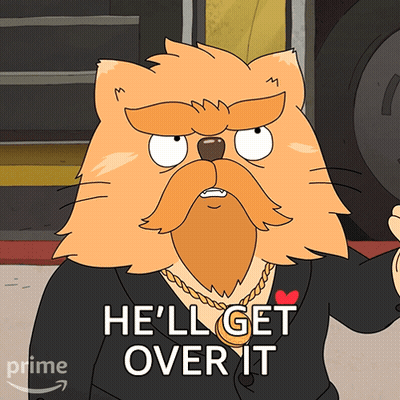A Cartoon Cat Says He 'Ll Get Over It While Wearing A Gold Chain Around His Neck GIF