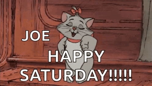 A Cartoon Cat Says " Joe Happy Saturday !!! " GIF
