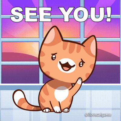 A Cartoon Cat Says " See You " With A Window Behind It GIF