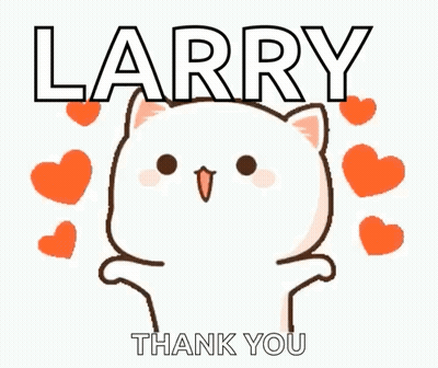 A Cartoon Cat Says Thank You To Larry With Hearts Around It GIF