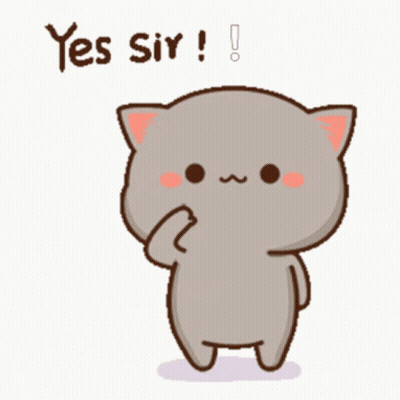 A Cartoon Cat Says Yes Sir While Standing On A White Background GIF