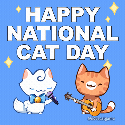 A Cartoon Cat Singing Into A Microphone And Another Cat Playing A Guitar Says Happy National Cat Day GIF