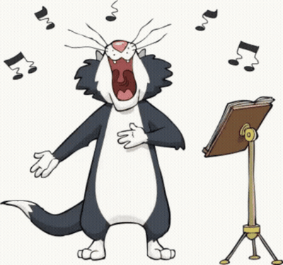 A Cartoon Cat Singing Next To A Music Stand With Music Notes Flying Around It GIF