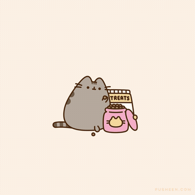 A Cartoon Cat Sitting Next To A Bag Of Treats GIF