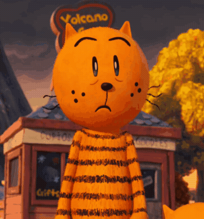 A Cartoon Cat Standing In Front Of A Volcano Sign GIF
