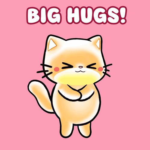 A Cartoon Cat Surrounded By Hearts And The Words Big Hugs GIF