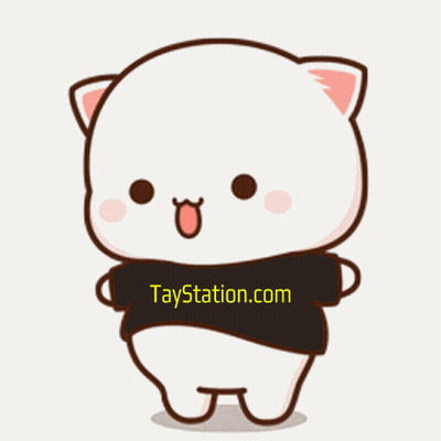 A Cartoon Cat Wearing A Black Shirt With Taystation.com On It GIF