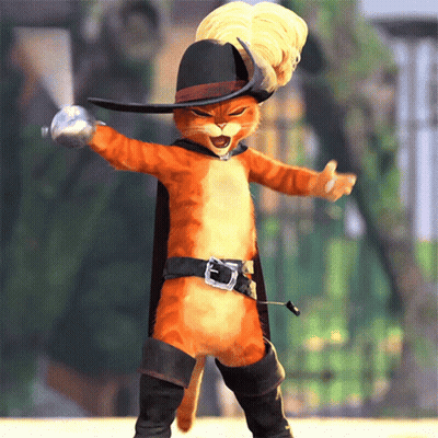 A Cartoon Cat Wearing A Cowboy Hat And Boots Is Holding A Sword GIF