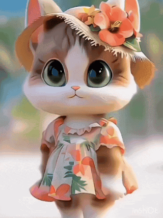 A Cartoon Cat Wearing A Hat And A Dress Is Standing On A Beach . GIF
