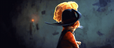 A Cartoon Cat Wearing A Hat With A Yellow Feather On Top GIF