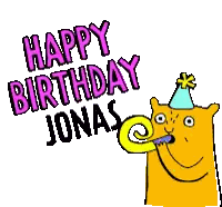 A Cartoon Cat Wearing A Party Hat Is Blowing A Party Horn And Saying Happy Birthday Jonas Sticker