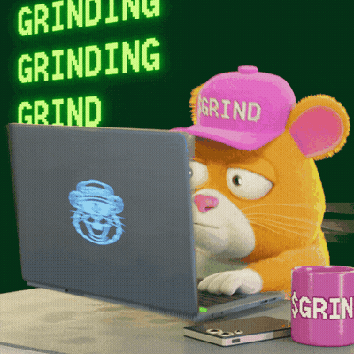 A Cartoon Cat Wearing A Pink Hat That Says Grind GIF