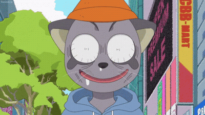 A Cartoon Cat Wearing An Orange Hat Is Standing In Front Of A Sign That Says Hbb-Mart GIF