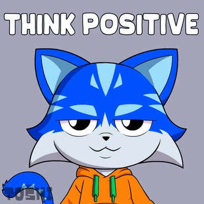 A Cartoon Cat Wearing An Orange Hoodie With The Words Think Positive Below It GIF