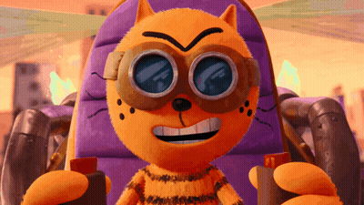 A Cartoon Cat Wearing Goggles Is Sitting In A Purple Seat GIF