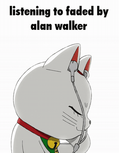 A Cartoon Cat Wearing Headphones With The Words Listening To Faded By Alan Walker GIF