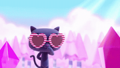 A Cartoon Cat Wearing Heart Shaped Sunglasses Is Standing In Front Of A Pink Background GIF
