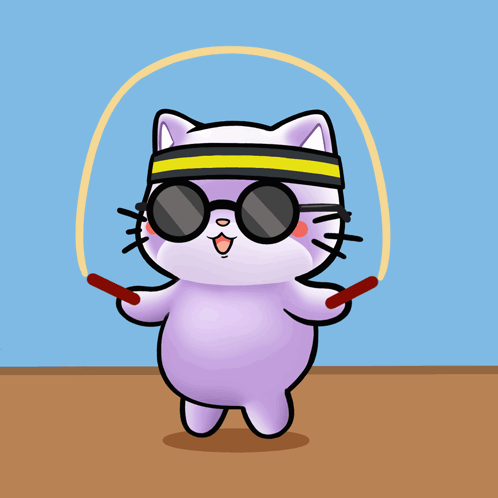 A Cartoon Cat Wearing Sunglasses And A Headband Jumps A Jump Rope GIF