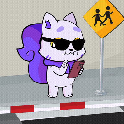 A Cartoon Cat Wearing Sunglasses Is Holding A Cell Phone In Front Of A Crosswalk Sign GIF