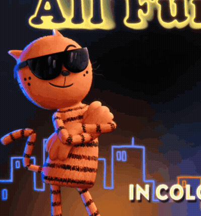 A Cartoon Cat Wearing Sunglasses Is Standing In Front Of A Sign That Says " All Fun " GIF
