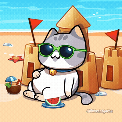 A Cartoon Cat Wearing Sunglasses Sits On A Beach GIF