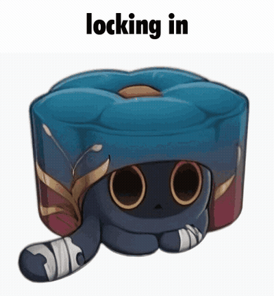 A Cartoon Cat With A Bandage On Its Leg Is Sitting On A Blue Pillow With The Words Locking In Above It . GIF