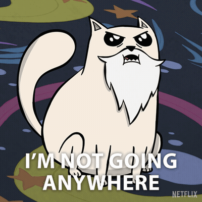 A Cartoon Cat With A Beard And The Words I 'M Not Going Anywhere GIF