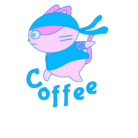 A Cartoon Cat With A Blue Scarf Around Its Head And The Word Coffee Written Below It Sticker