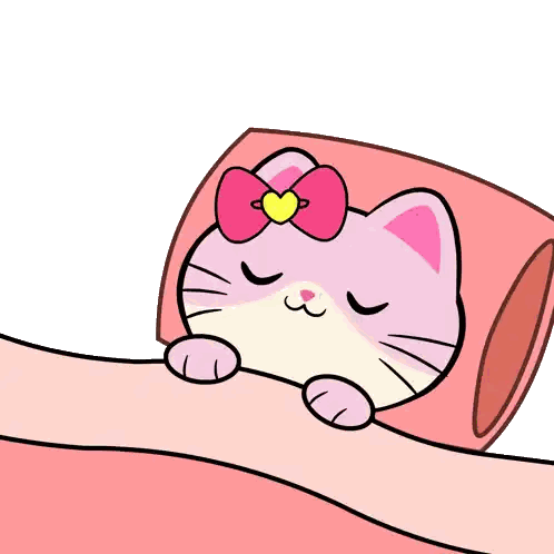 A Cartoon Cat With A Bow On Its Head Is Sleeping On A Bed Sticker