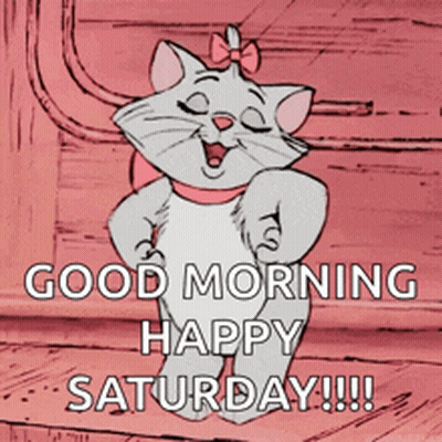 A Cartoon Cat With A Bow On Its Head Says Good Morning Happy Saturday !!! GIF