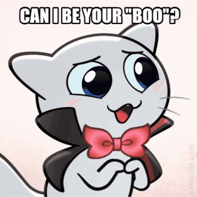 A Cartoon Cat With A Bow Tie And Cape Says Can I Be Your Boo GIF
