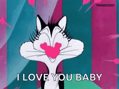 A Cartoon Cat With A Heart In Its Mouth And The Words `` I Love You Baby '' . GIF