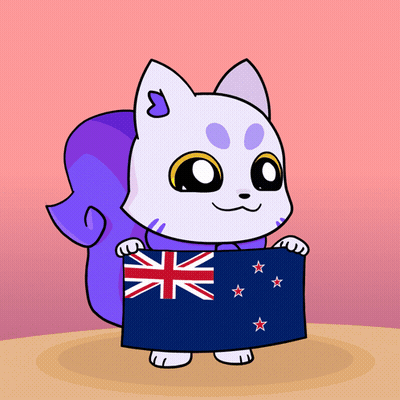 A Cartoon Cat With A Purple Tail Is Holding A Flag Of New Zealand GIF