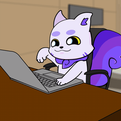 A Cartoon Cat With A Purple Tail Is Sitting At A Desk Using A Laptop GIF