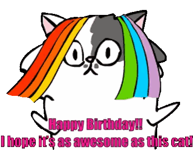 A Cartoon Cat With A Rainbow In Its Hair Says Happy Birthday Sticker