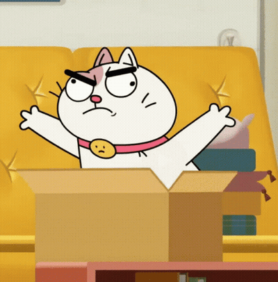 A Cartoon Cat With An Angry Face Is Sitting In A Box GIF