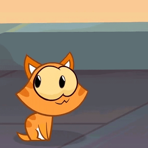 A Cartoon Cat With Big Eyes Is Sitting On A Gray Surface GIF